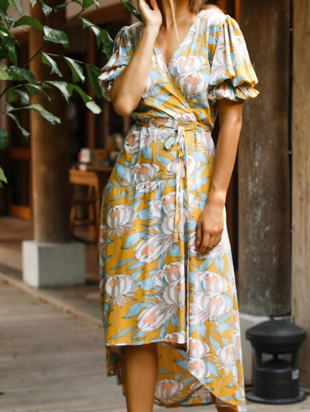 ELF Set Sail Mustard‎ Teal Floral Hand Made Puff Sleeve Hi-Lo Ruffle Wrap Dress